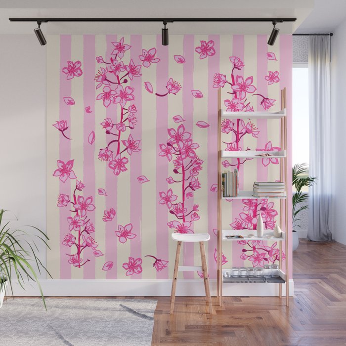 Retro Pink Cherry Blossoms Wall Mural Gallery Image 1