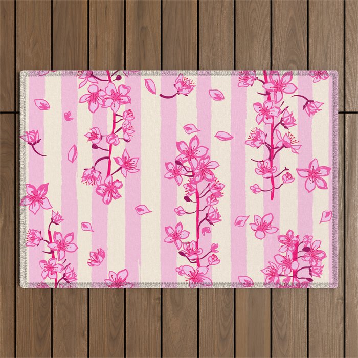 Retro Pink Cherry Blossoms Outdoor Rug Gallery Image 1