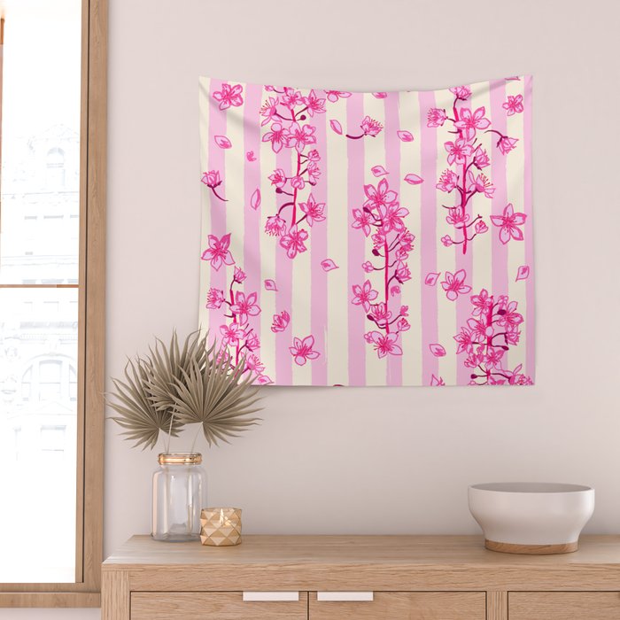 Retro Pink Cherry Blossoms Wall Tapestry Gallery Image 2