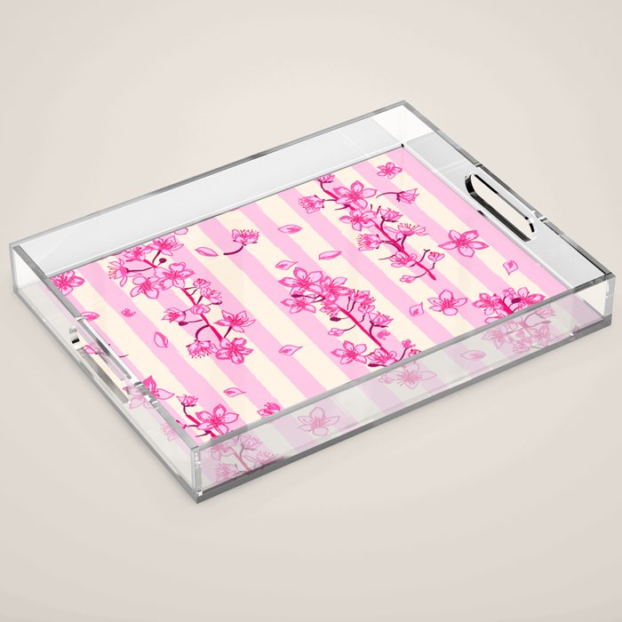 Retro Pink Cherry Blossoms Acrylic Tray Gallery Image 1