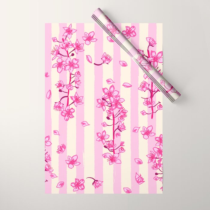 Retro Pink Cherry Blossoms Wrapping Paper Gallery Image 1