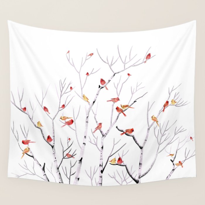 Birch Trees and Cardinal 2  Wall Tapestry Gallery Image 4