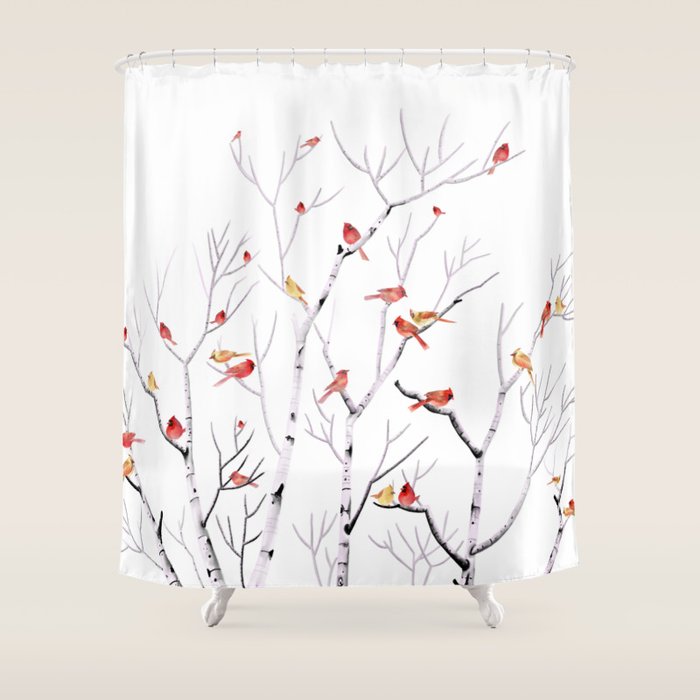Birch Trees and Cardinal 2  Shower Curtain Gallery Image 1