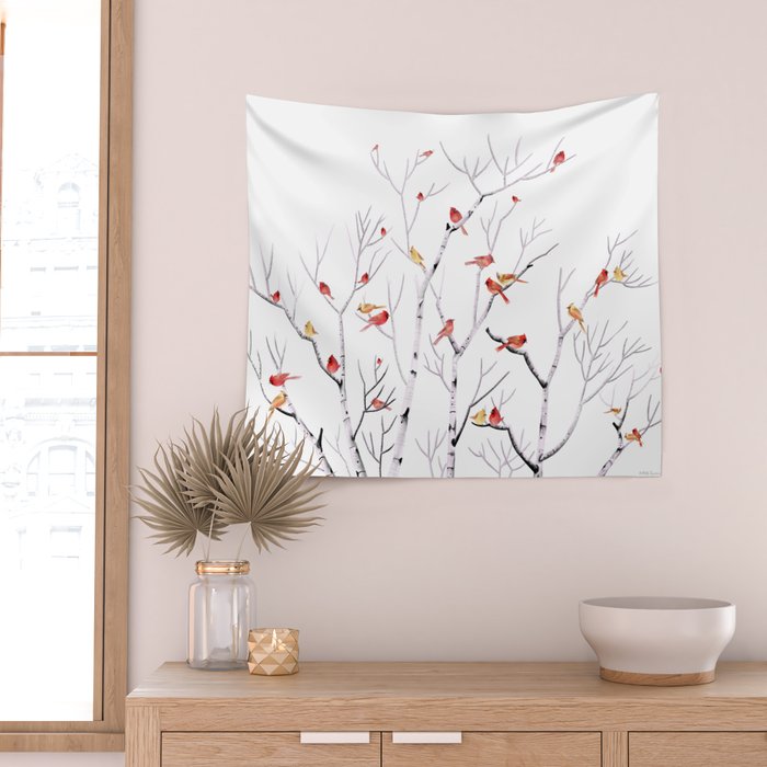 Birch Trees and Cardinal 2  Wall Tapestry Gallery Image 2