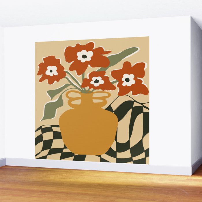 retro checkered flower pot Wall Mural Gallery Image 2
