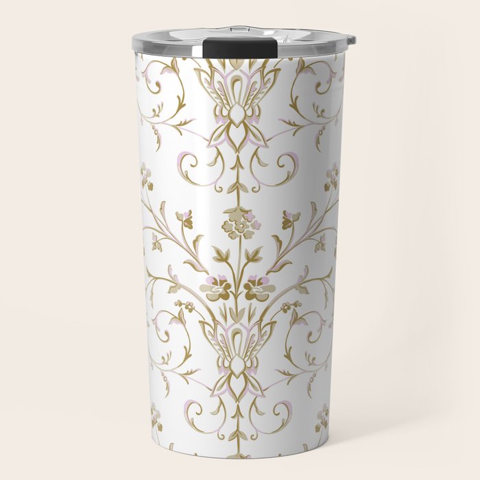 Elegant Antique Baroque White & Gold Scroll Pattern Travel Mug Gallery Image 1