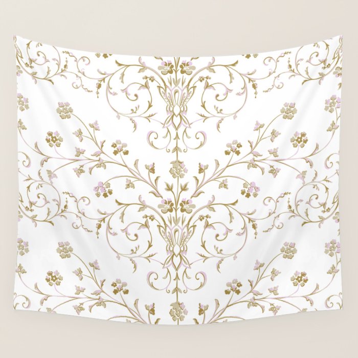 Elegant Antique Baroque White & Gold Scroll Pattern Wall Tapestry Gallery Image 4