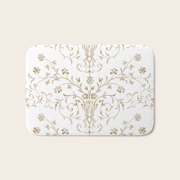 Elegant Antique Baroque White & Gold Scroll Pattern Bath Mat Gallery Image 1