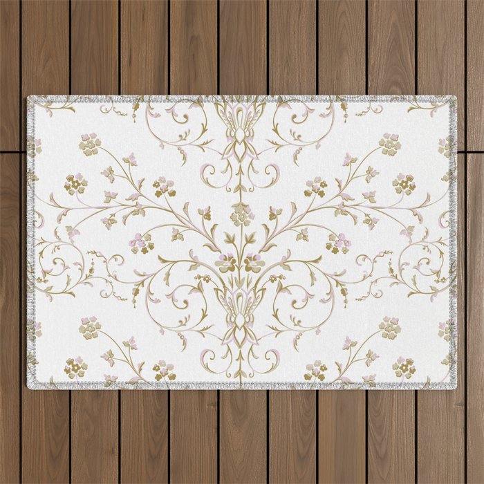 Elegant Antique Baroque White & Gold Scroll Pattern Outdoor Rug Gallery Image 1