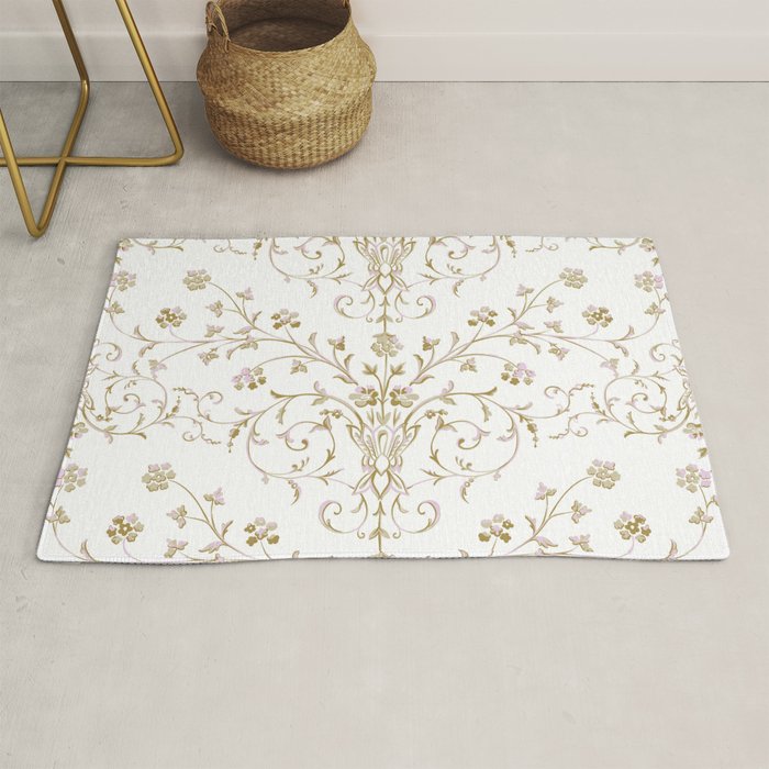 Elegant Antique Baroque White & Gold Scroll Pattern Rug Gallery Image 1