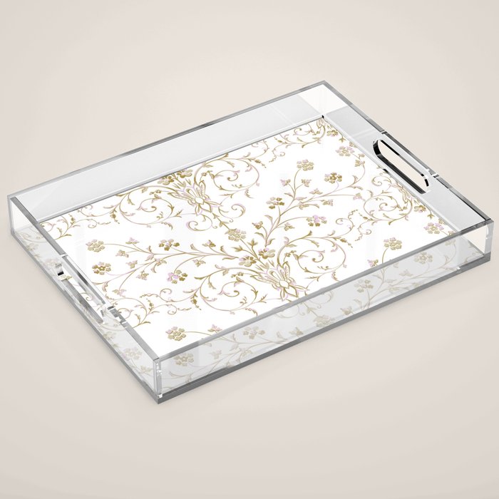 Elegant Antique Baroque White & Gold Scroll Pattern Acrylic Tray Gallery Image 1