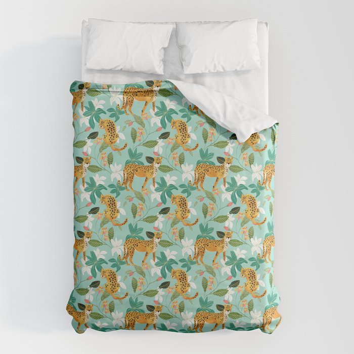 Cheetah Jungle, Wildlife Nature Wild Cats Tigers Leopard Botanical Animals Mint Quirky Illustration Duvet Cover Gallery Image 6
