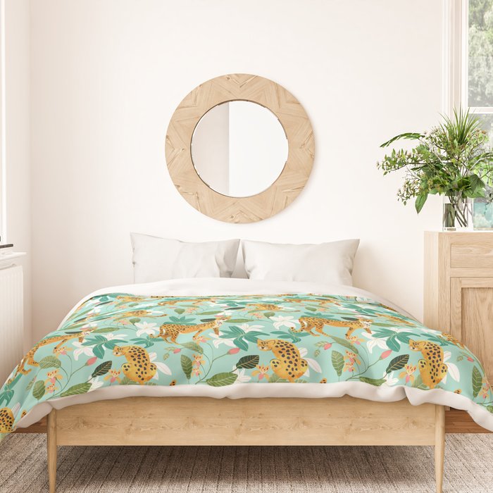 Cheetah Jungle, Wildlife Nature Wild Cats Tigers Leopard Botanical Animals Mint Quirky Illustration Duvet Cover Gallery Image 3