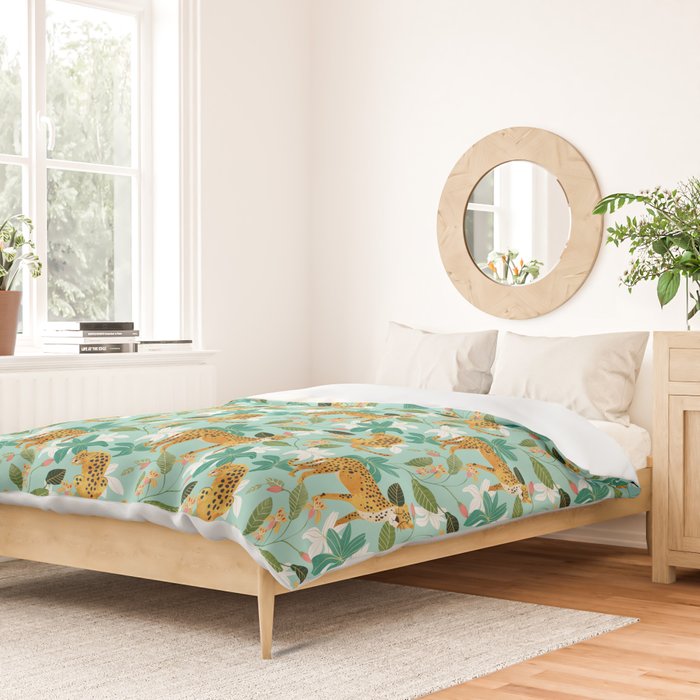 Cheetah Jungle, Wildlife Nature Wild Cats Tigers Leopard Botanical Animals Mint Quirky Illustration Duvet Cover Gallery Image 2