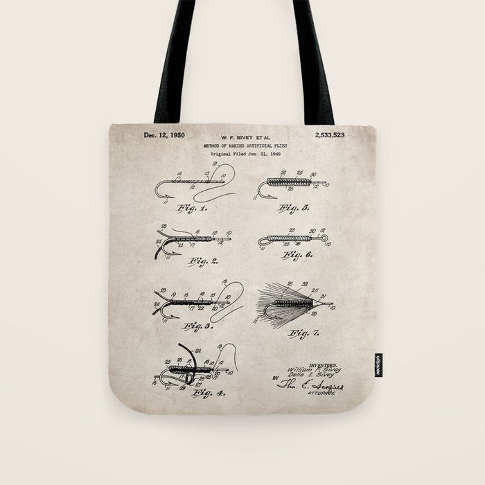 Fly Fishing Patent - Fisherman Art - Antique Tote Bag Gallery Image 1