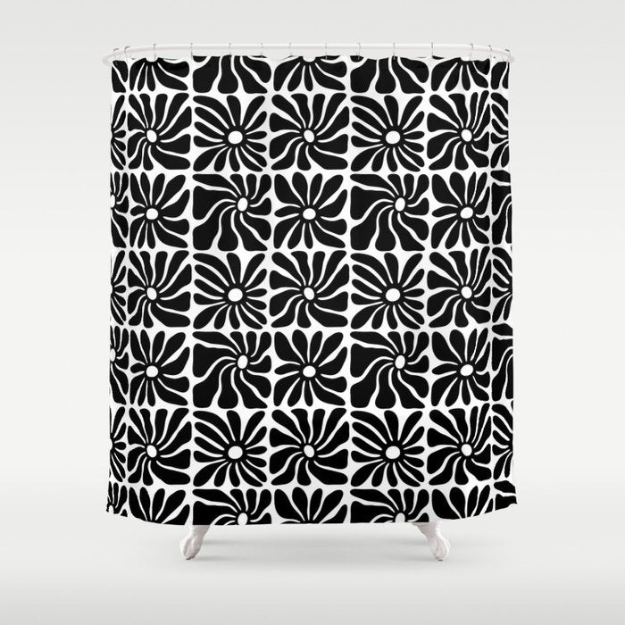 Black and white retro flower art pattern Shower Curtain Gallery Image 1