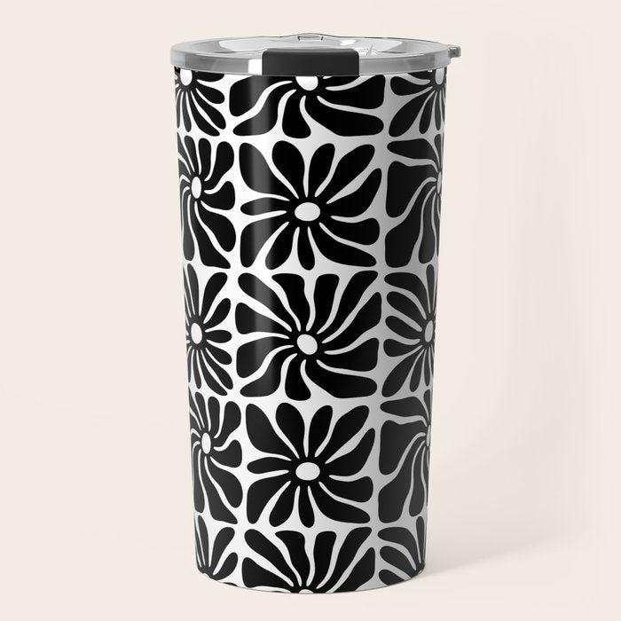 Black and white retro flower art pattern Travel Mug Gallery Image 1