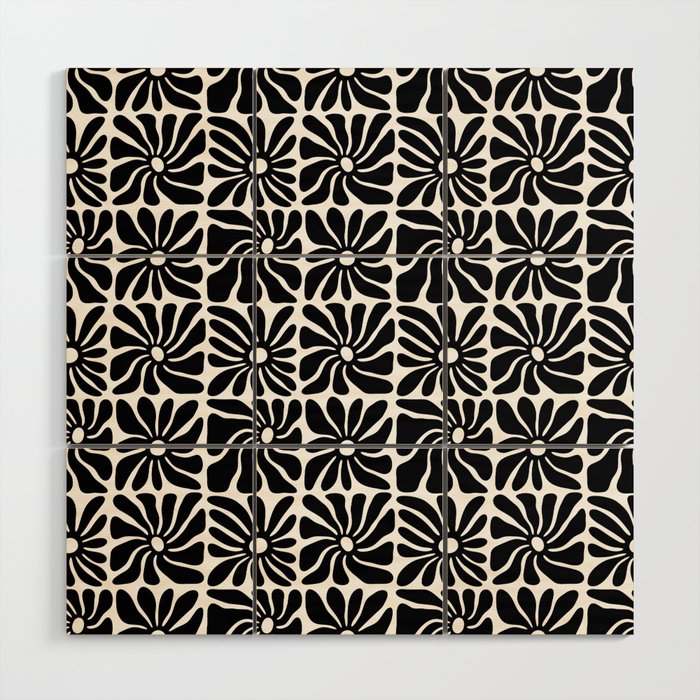 Black and white retro flower art pattern Wood Wall Art Gallery Image 1