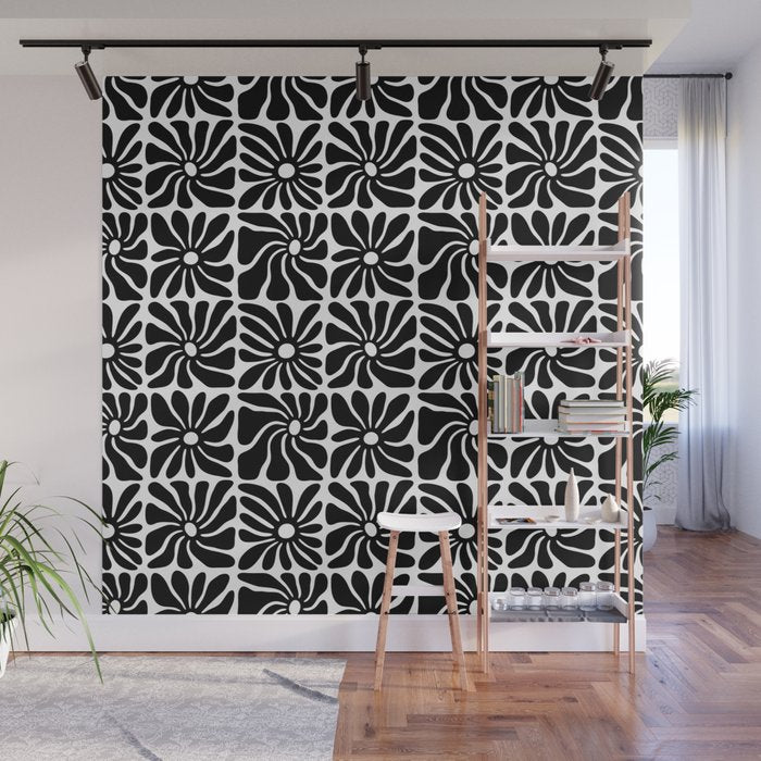 Black and white retro flower art pattern Wall Mural Gallery Image 1