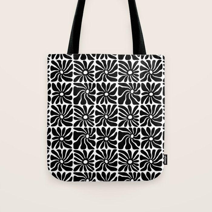 Black and white retro flower art pattern Tote Bag Gallery Image 1