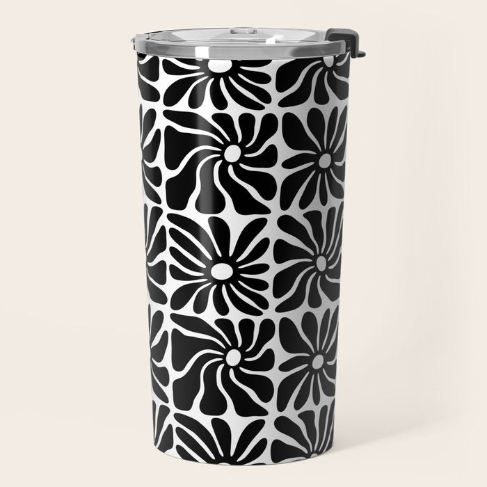 Black and white retro flower art pattern Travel Mug Gallery Image 2