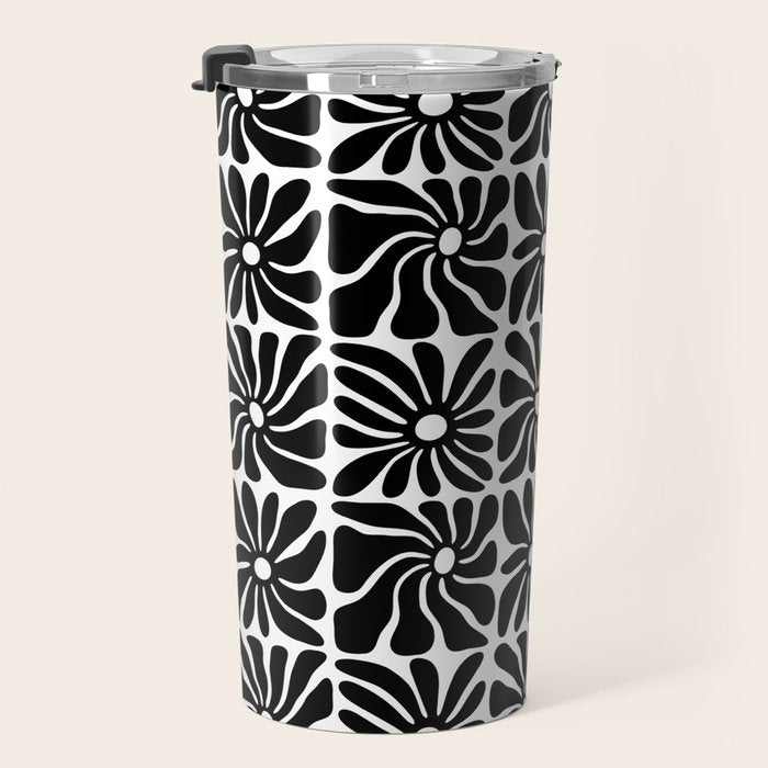 Black and white retro flower art pattern Travel Mug Gallery Image 3