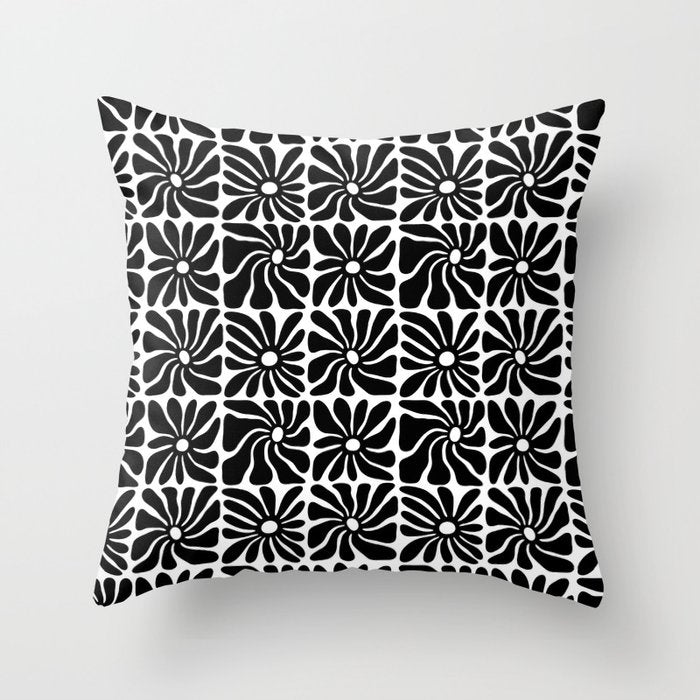 Black and white retro flower art pattern Throw Pillow Gallery Image 6