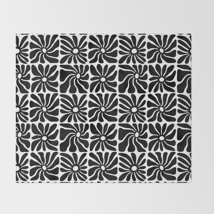 Black and white retro flower art pattern Throw Blanket Gallery Image 2