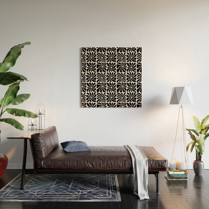 Black and white retro flower art pattern Wood Wall Art Gallery Image 2