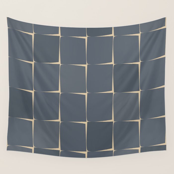 Flux Midcentury Modern Check Grid Pattern in Slate Blue Gray and Sand Beige Wall Tapestry Gallery Image 4