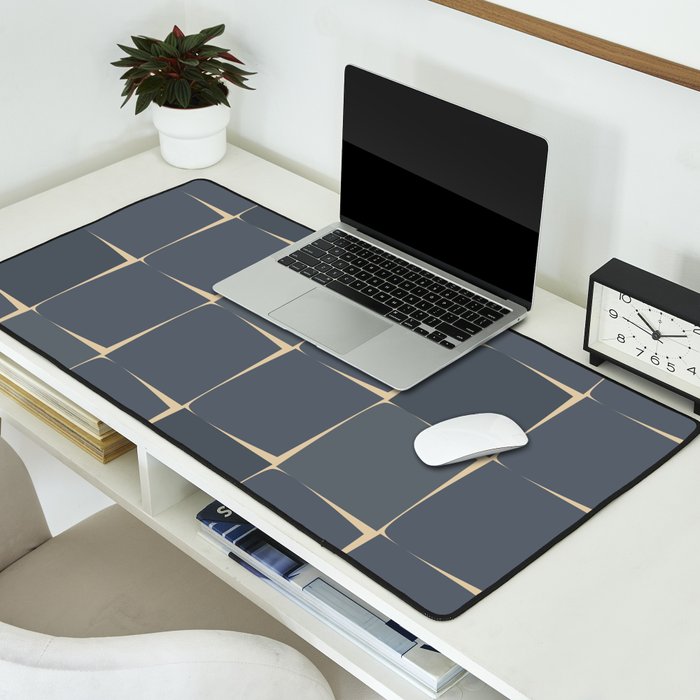 Flux Midcentury Modern Check Grid Pattern in Slate Blue Gray and Sand Beige Desk Mat Gallery Image 2