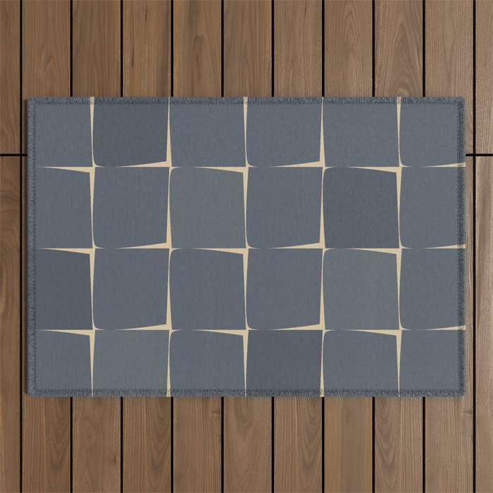 Flux Midcentury Modern Check Grid Pattern in Slate Blue Gray and Sand Beige Outdoor Rug Gallery Image 1