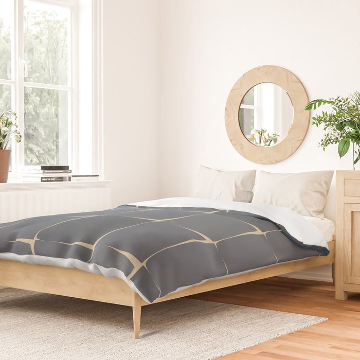 Flux Midcentury Modern Check Grid Pattern in Slate Blue Gray and Sand Beige Duvet Cover Gallery Image 2