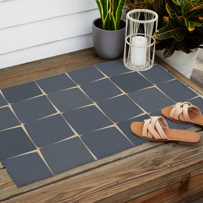 Flux Midcentury Modern Check Grid Pattern in Slate Blue Gray and Sand Beige Outdoor Rug Gallery Image 2