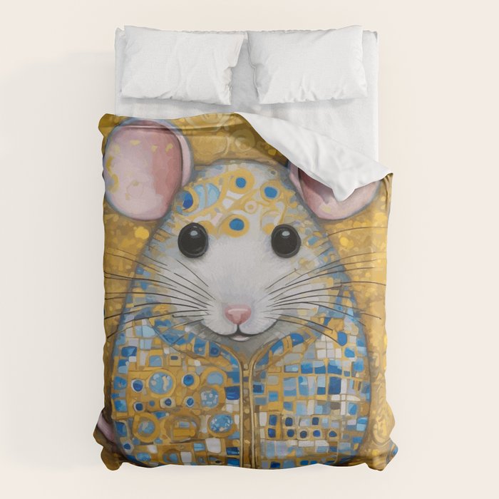 Gustav Klimt Style Mouse with Pink Ears Duvet Cover Gallery Image 1