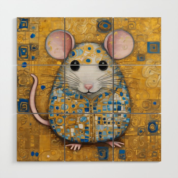 Gustav Klimt Style Mouse with Pink Ears Wood Wall Art Gallery Image 1