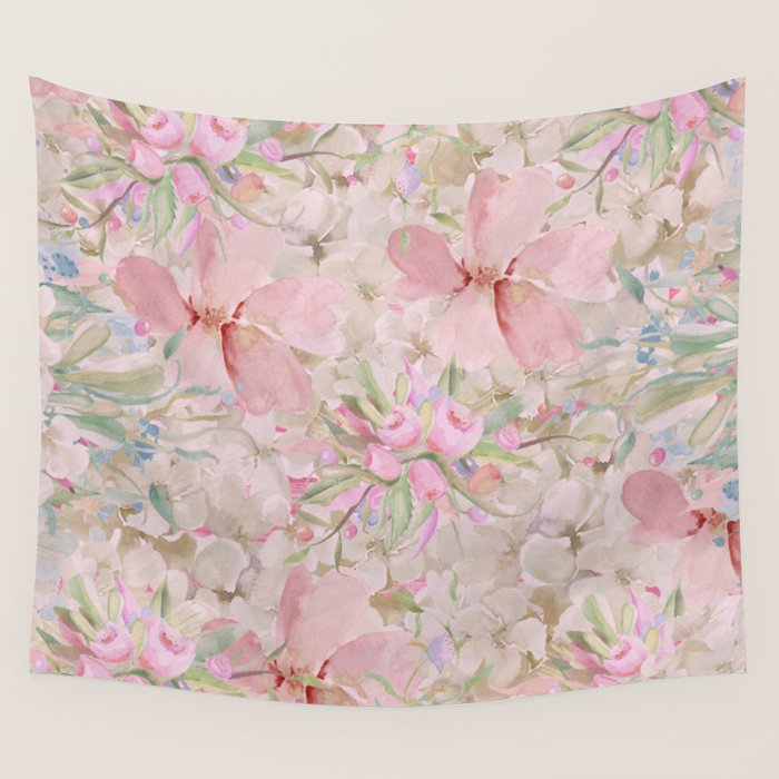 Modern Pastel Pink Watercolor Chic Floral Wall Tapestry Gallery Image 4