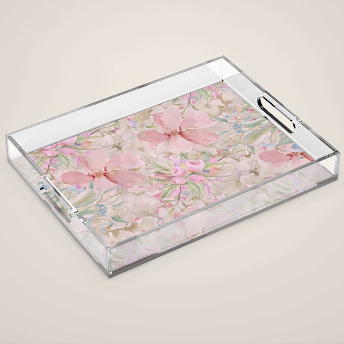 Modern Pastel Pink Watercolor Chic Floral Acrylic Tray Gallery Image 1