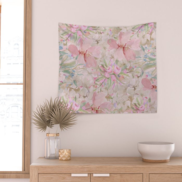 Modern Pastel Pink Watercolor Chic Floral Wall Tapestry Gallery Image 2