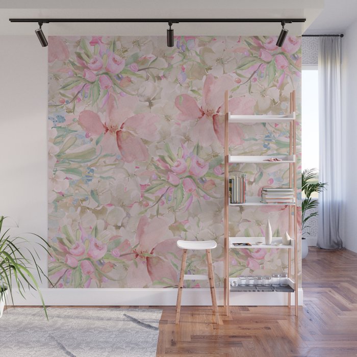 Modern Pastel Pink Watercolor Chic Floral Wall Mural Gallery Image 1