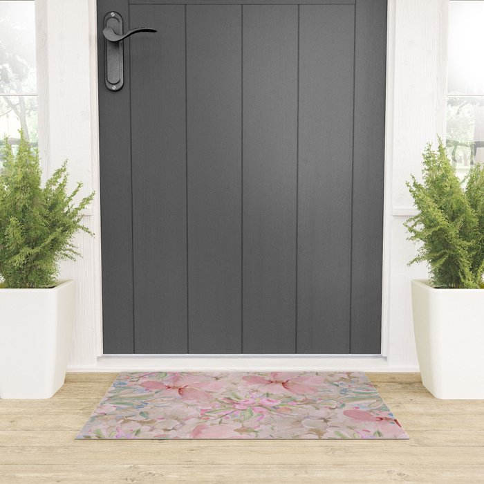 Modern Pastel Pink Watercolor Chic Floral Welcome Mat Gallery Image 3