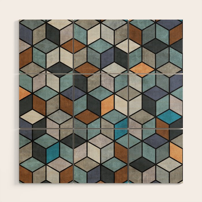 Colorful Concrete Cubes - Blue, Grey, Brown Wood Wall Art Gallery Image 1