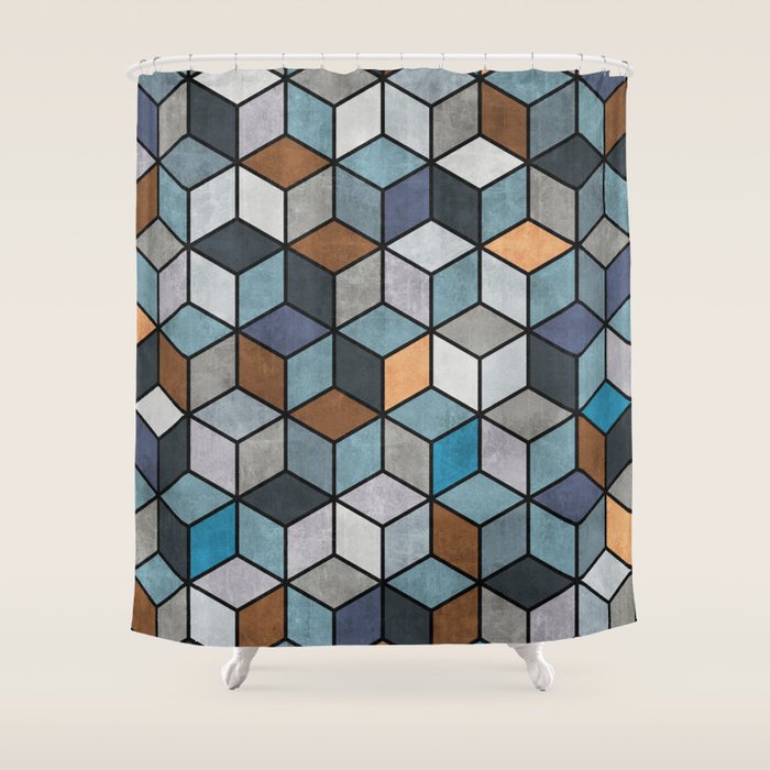 Colorful Concrete Cubes - Blue, Grey, Brown Shower Curtain Gallery Image 1