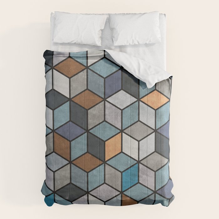 Colorful Concrete Cubes - Blue, Grey, Brown Comforter