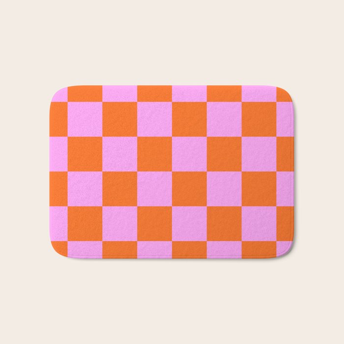Checkerboard Retro Check Geometric Checked Pattern in Bright Orange and Pink Bath Mat Gallery Image 1