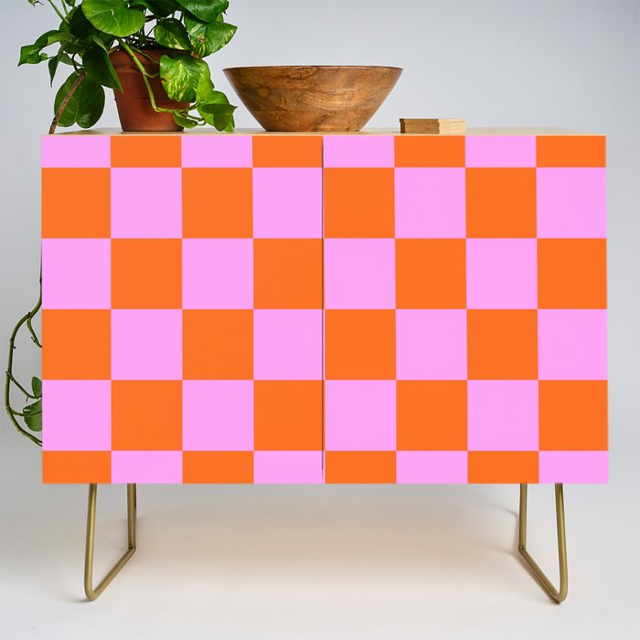 Checkerboard Retro Check Geometric Checked Pattern in Bright Orange and Pink Credenza Gallery Image 1