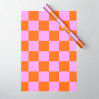 Checkerboard Retro Check Geometric Checked Pattern in Bright Orange and Pink Wrapping Paper Gallery Image 1