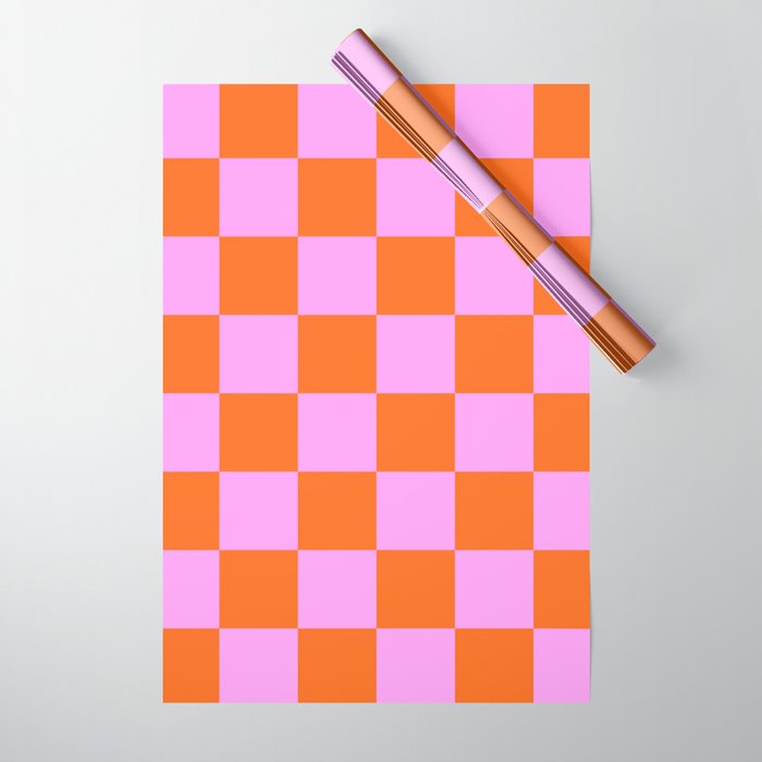 Checkerboard Retro Check Geometric Checked Pattern in Bright Orange and Pink Wrapping Paper Gallery Image 1