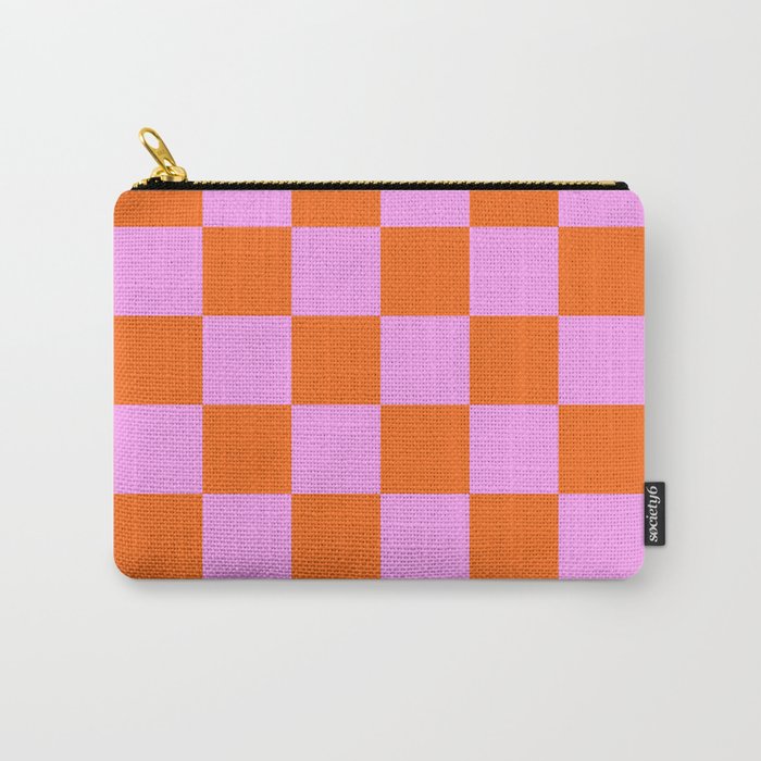 Checkerboard Retro Check Geometric Checked Pattern in Bright Orange and Pink Carry All Pouch Gallery Image 1