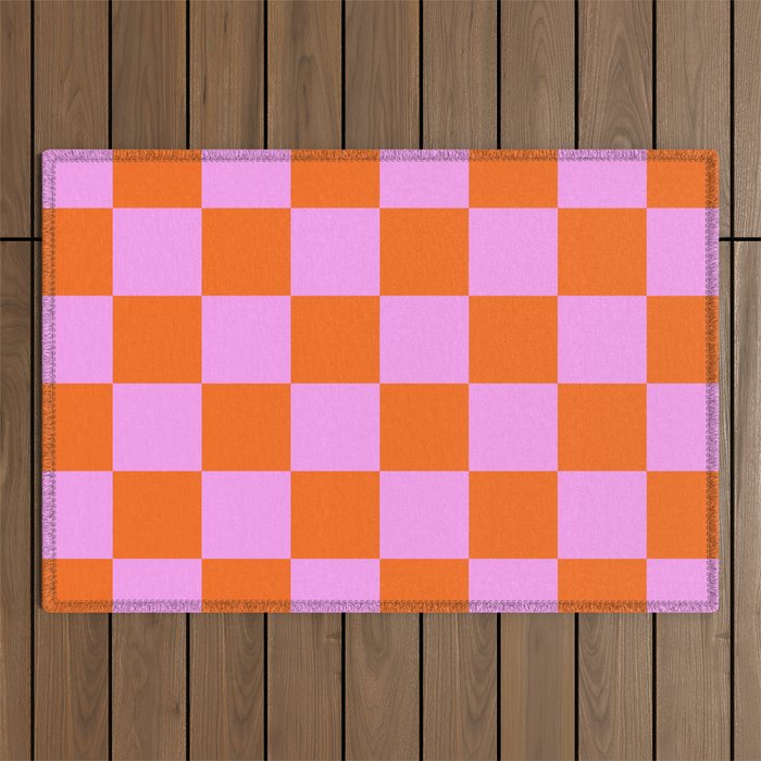 Checkerboard Retro Check Geometric Checked Pattern in Bright Orange and Pink Outdoor Rug Gallery Image 1